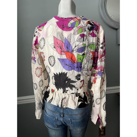 CHACOK Printed Silk V Neck Button Front Blouse - 2 - Picture 6 of 6